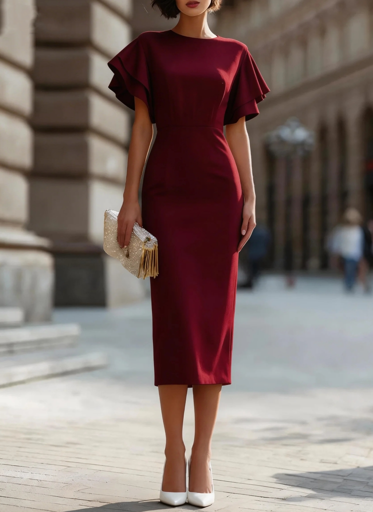Women's Elegant Ruffle Sleeve Bodycon Midi Dress with Round Neck and Fitted Silhouette #5