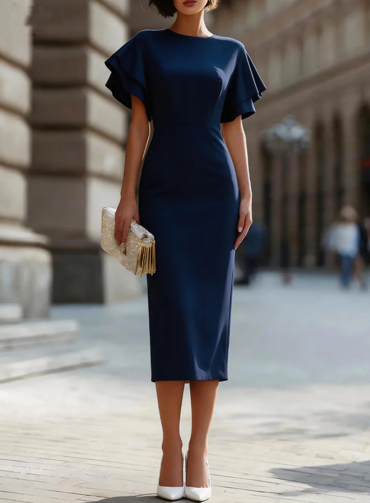 Women's Elegant Ruffle Sleeve Bodycon Midi Dress with Round Neck and Fitted Silhouette #6