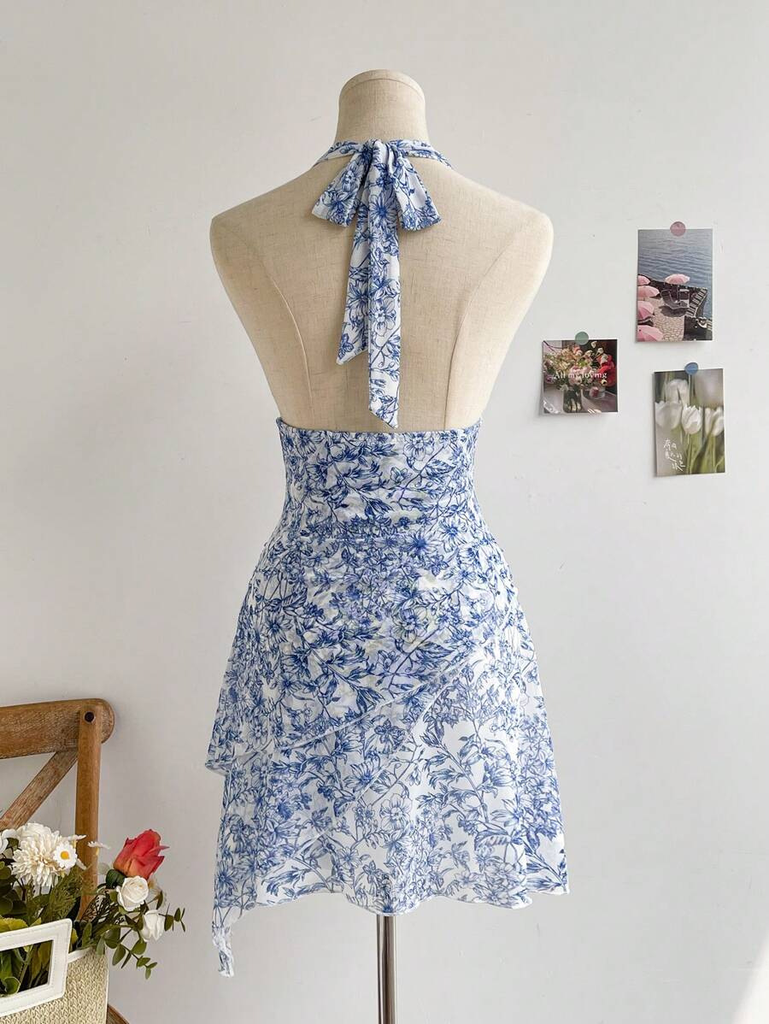 Women Summer Blue Floral Mesh Dress, V Neck Sexy Elegant Sweet Slim Fit Casual Party Dress #2