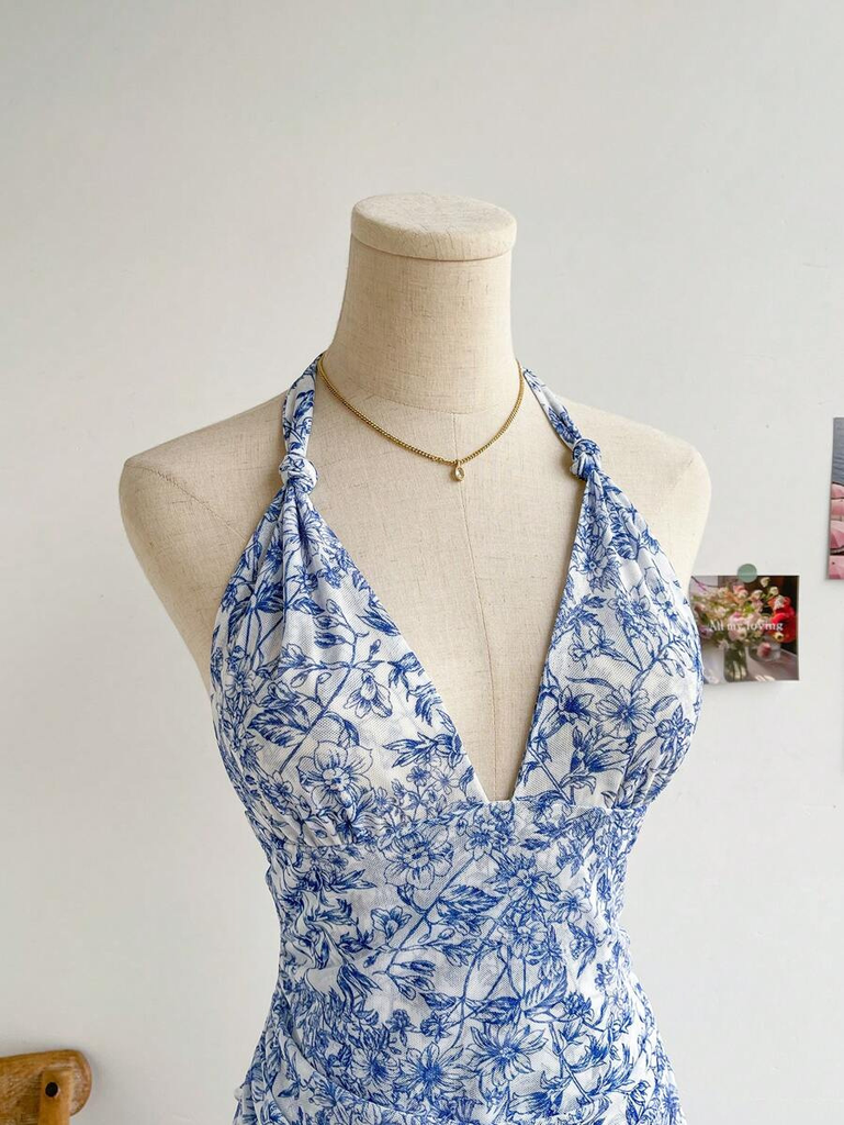 Women Summer Blue Floral Mesh Dress, V Neck Sexy Elegant Sweet Slim Fit Casual Party Dress #3