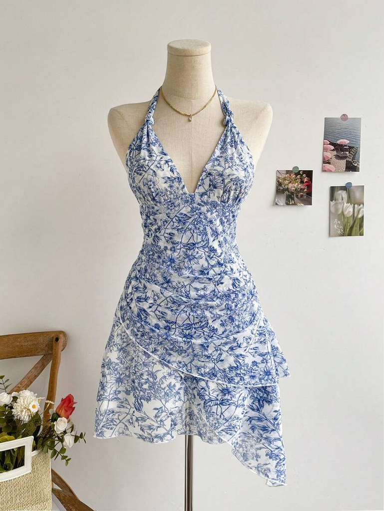 Women Summer Blue Floral Mesh Dress, V Neck Sexy Elegant Sweet Slim Fit Casual Party Dress #4