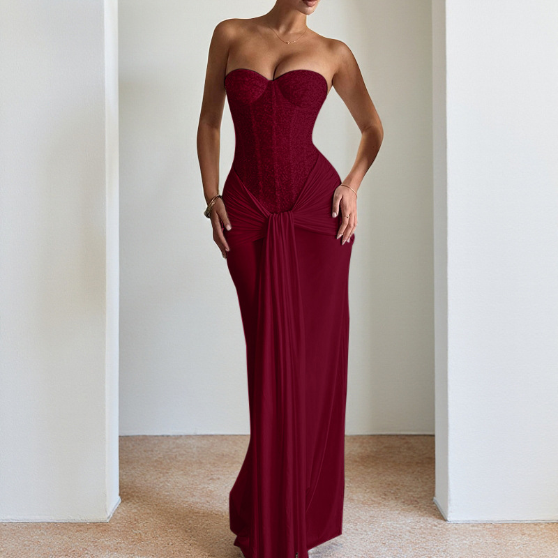 Women Evening Gown with Long Skirt New Style Cinched Waist Slimming Dress Sexy Ribbon-tie Halterneck Elegant Dress For Female #3