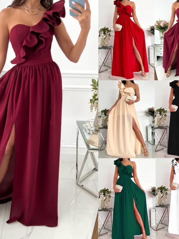 Elegant Long Single Shoulder Dress Women's Fashionable Slimming Evening Gown Versatile Daily Commute Dress Modern Style Summe... #2