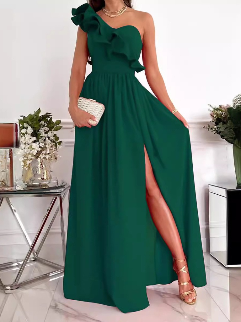 Elegant Long Single Shoulder Dress Women's Fashionable Slimming Evening Gown Versatile Daily Commute Dress Modern Style Summe... #3