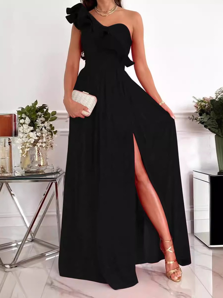 Elegant Long Single Shoulder Dress Women's Fashionable Slimming Evening Gown Versatile Daily Commute Dress Modern Style Summe... #4