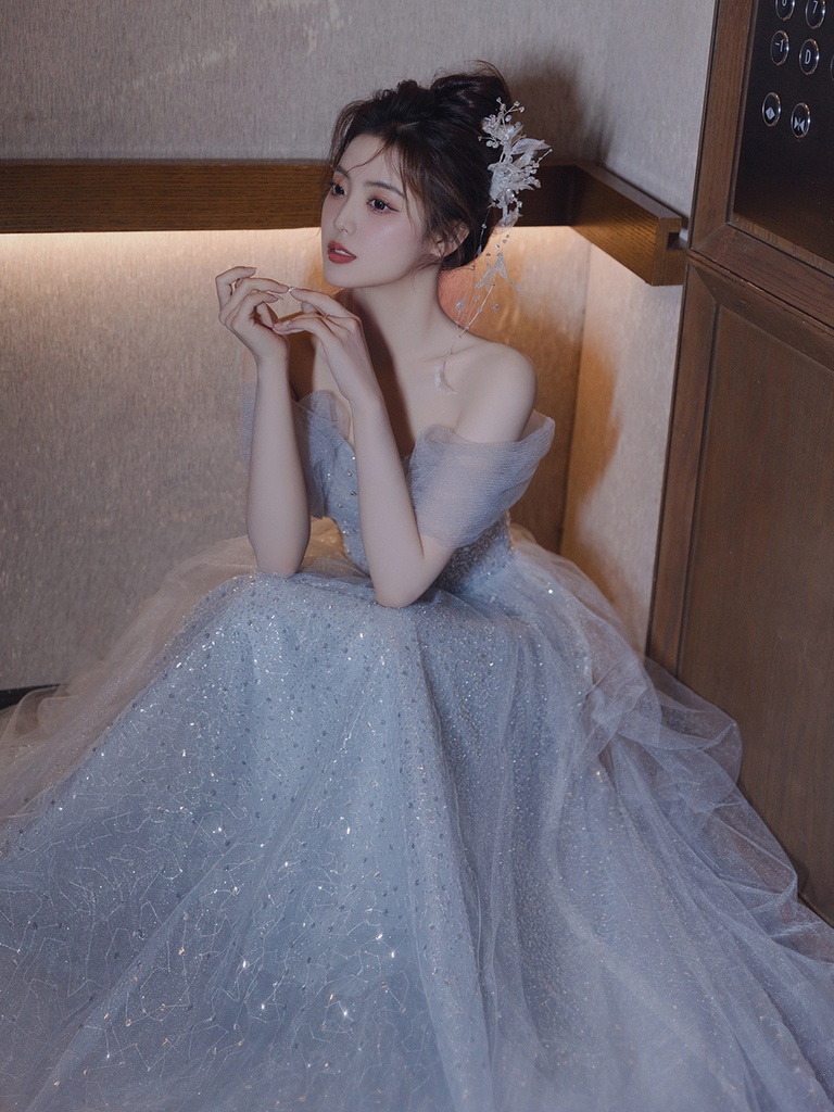Elegant Blue One-Shoulder Evening Gown Women's Style Princess Dress Host Performance Clothes Student Day Adult Ceremony #2