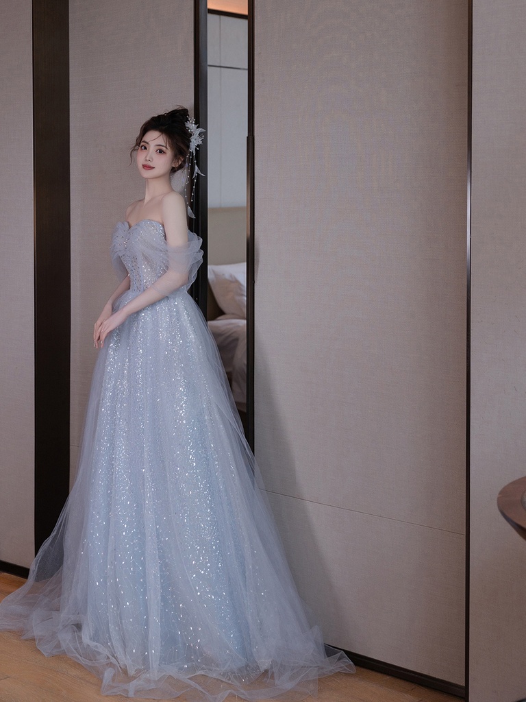 Elegant Blue One-Shoulder Evening Gown Women's Style Princess Dress Host Performance Clothes Student Day Adult Ceremony #3