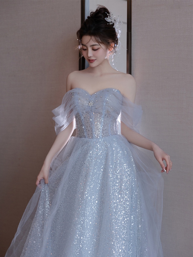 Elegant Blue One-Shoulder Evening Gown Women's Style Princess Dress Host Performance Clothes Student Day Adult Ceremony #4