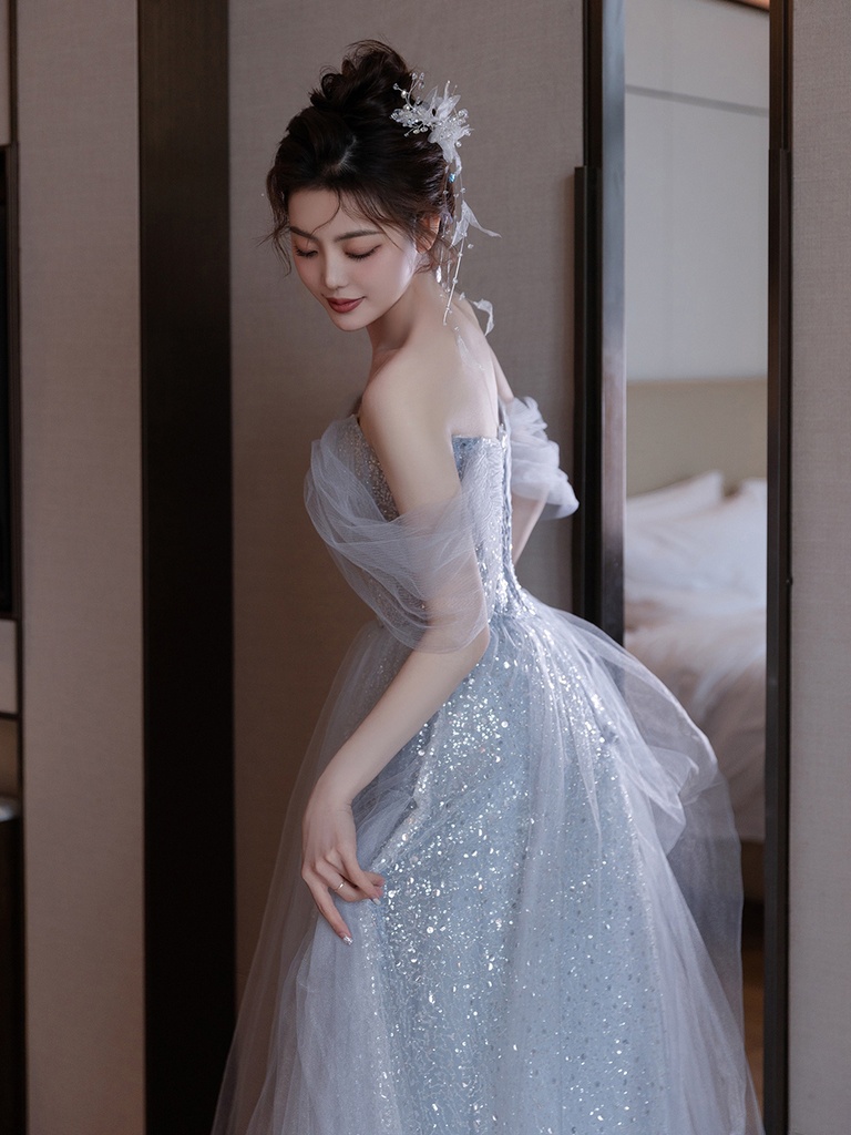 Elegant Blue One-Shoulder Evening Gown Women's Style Princess Dress Host Performance Clothes Student Day Adult Ceremony #5