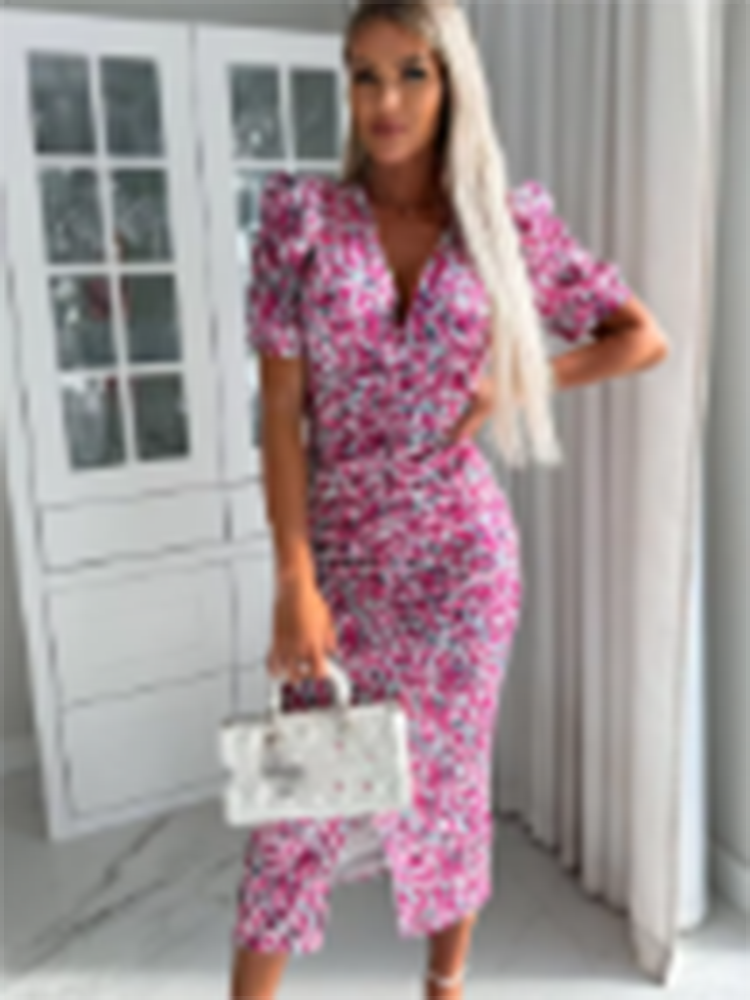 Summer Print Floral Dress Women Sexy Deep V Neck Short Sleeve Bodycon Package Hips Party Dresses Female Fashion Casual Vestidos #5