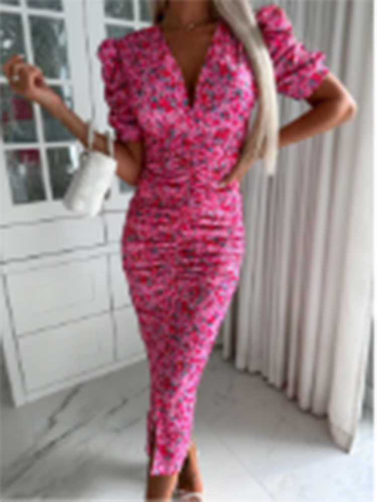 Summer Print Floral Dress Women Sexy Deep V Neck Short Sleeve Bodycon Package Hips Party Dresses Female Fashion Casual Vestidos #6