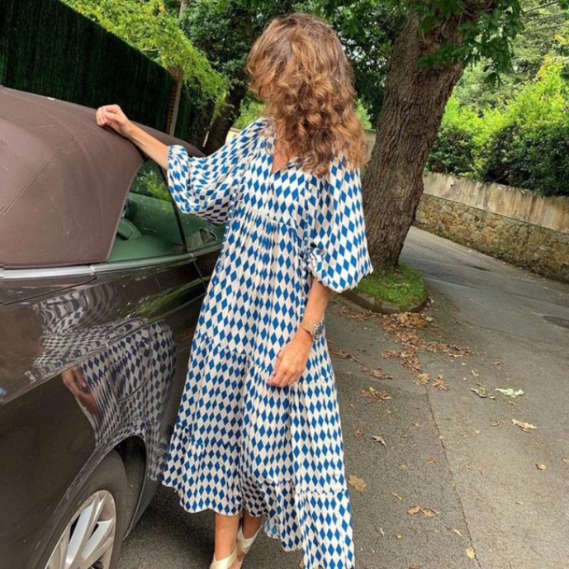 Summer Women Dresses Floral Print Ruffles Boho V-neck Puff Sleeve Casual Loose Beach Dress Half Sleeve Holiday Maxi Long Dress #2