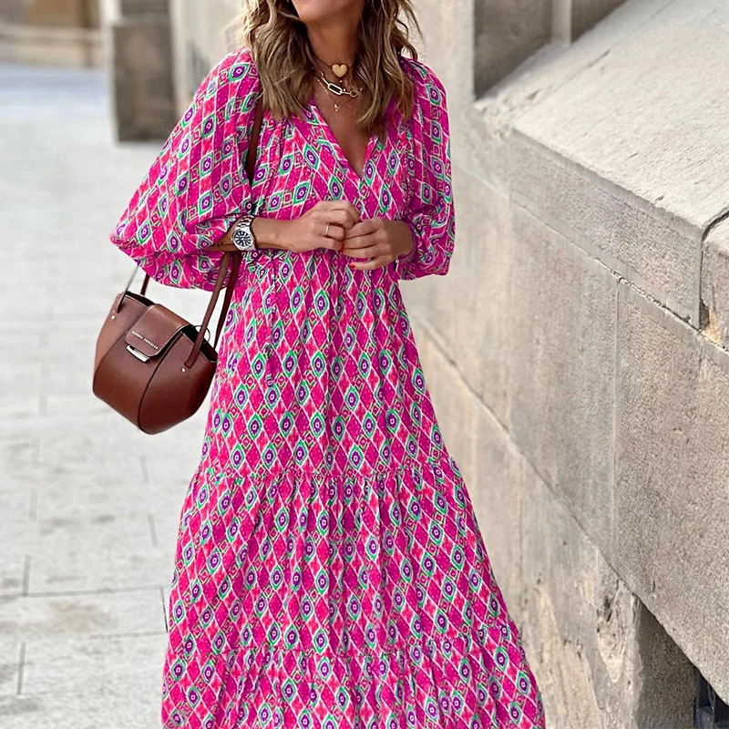 Summer Women Dresses Floral Print Ruffles Boho V-neck Puff Sleeve Casual Loose Beach Dress Half Sleeve Holiday Maxi Long Dress #3