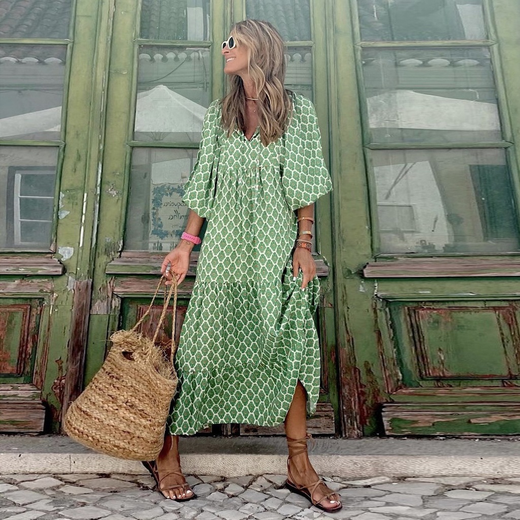 Summer Women Dresses Floral Print Ruffles Boho V-neck Puff Sleeve Casual Loose Beach Dress Half Sleeve Holiday Maxi Long Dress #4
