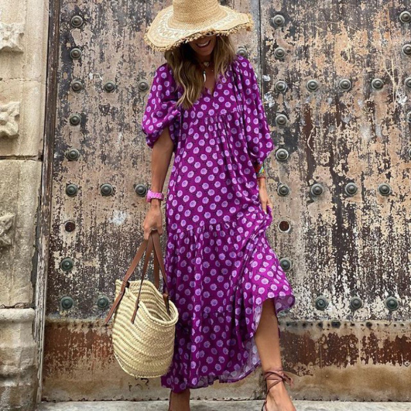 Summer Women Dresses Floral Print Ruffles Boho V-neck Puff Sleeve Casual Loose Beach Dress Half Sleeve Holiday Maxi Long Dress #5