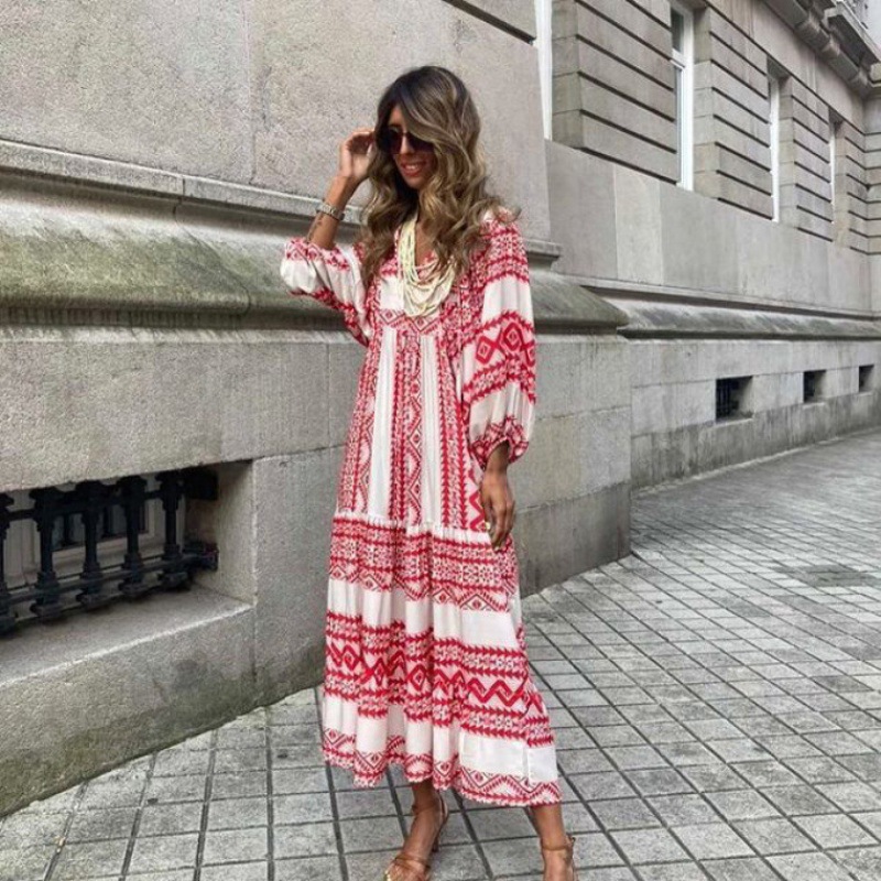 Summer Women Dresses Floral Print Ruffles Boho V-neck Puff Sleeve Casual Loose Beach Dress Half Sleeve Holiday Maxi Long Dress #6