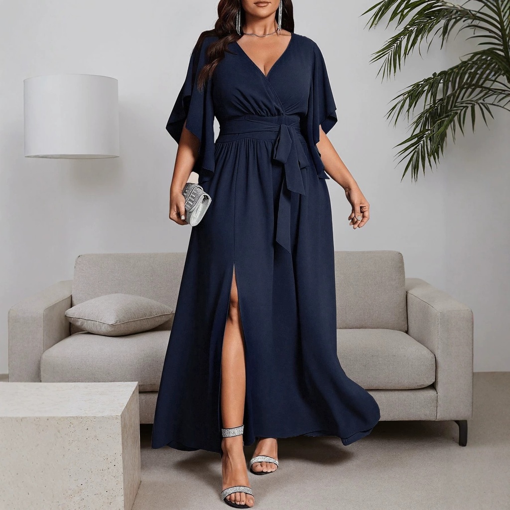 Side Slit Dress High Waist Maxi Length Chic Office with Short Sleeve Tie Detail Pleated Dress V Neck Elegant Summer for Women #2