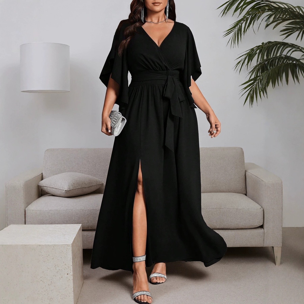 Side Slit Dress High Waist Maxi Length Chic Office with Short Sleeve Tie Detail Pleated Dress V Neck Elegant Summer for Women #3