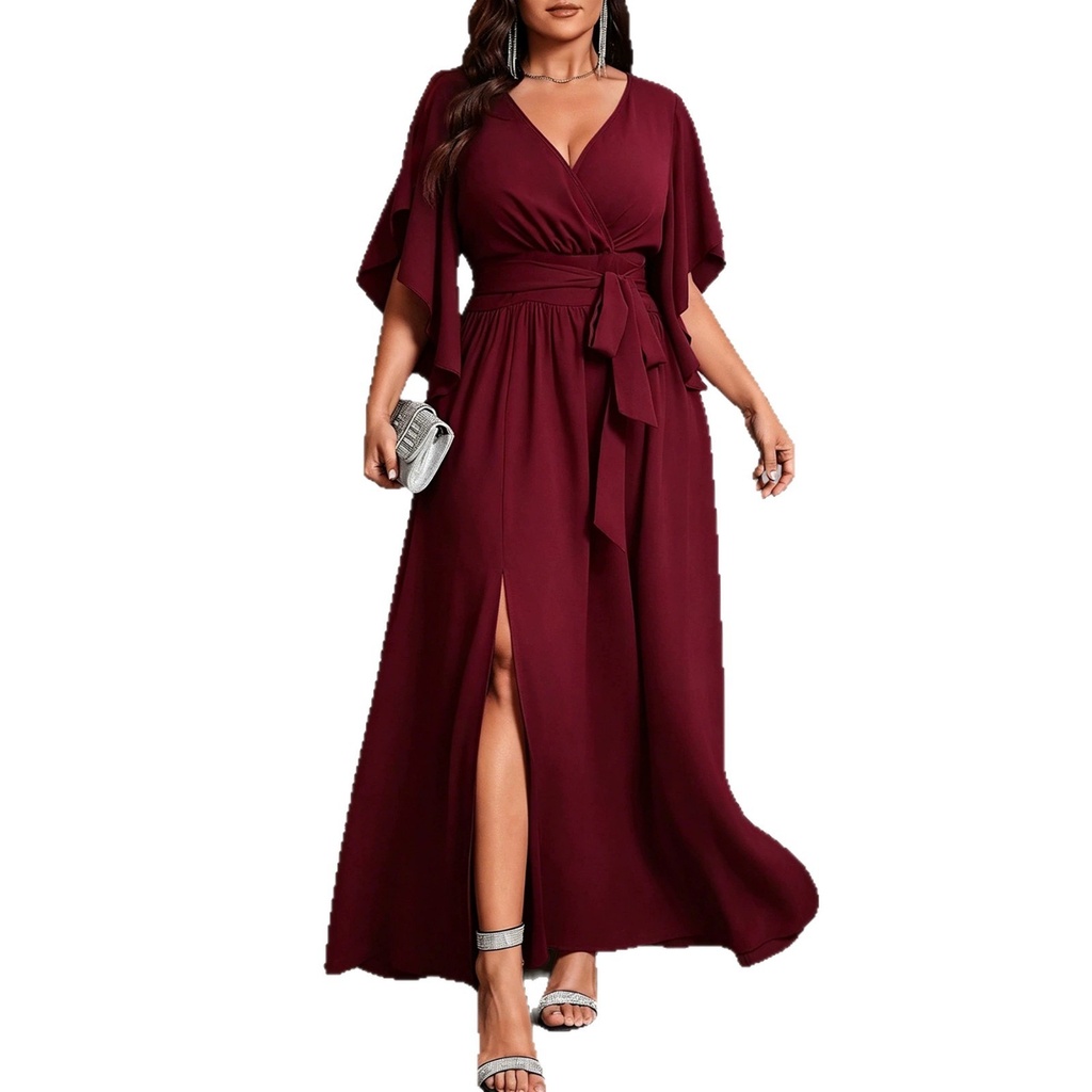 Side Slit Dress High Waist Maxi Length Chic Office with Short Sleeve Tie Detail Pleated Dress V Neck Elegant Summer for Women #4