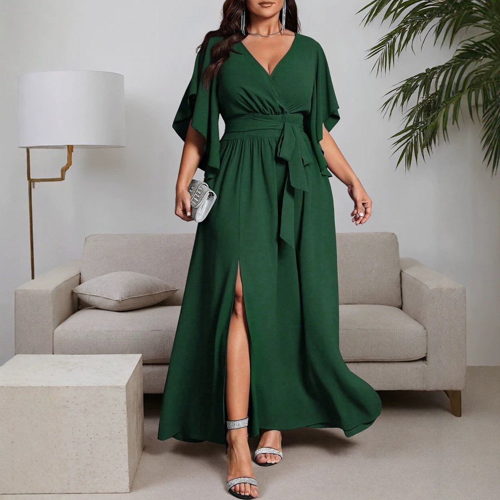 Side Slit Dress High Waist Maxi Length Chic Office with Short Sleeve Tie Detail Pleated Dress V Neck Elegant Summer for Women #5
