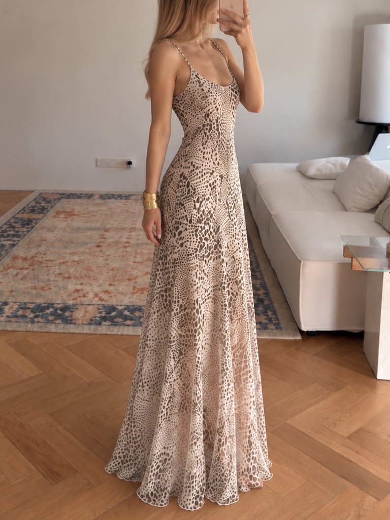 Women Summer Y2K Aesthetics Leopard Spot Print Maxi Dress Spaghetti Strap Scoop Neck Slim Flared Long Sundress For Beach Holiday #4