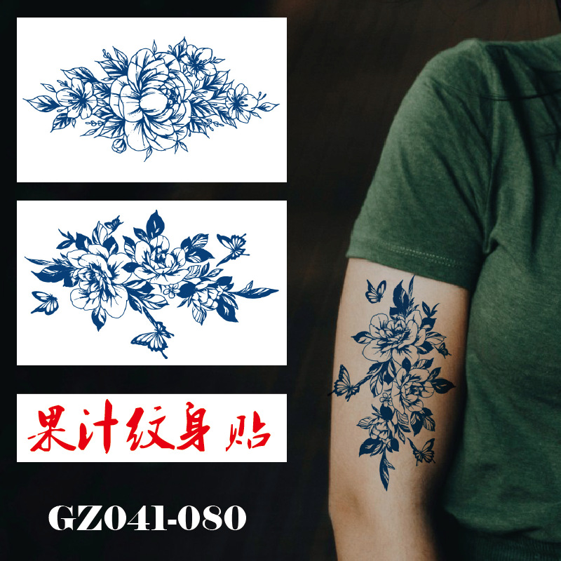 Online celebrity herbal juice tattoo stickers waterproof sweat-proof dark green simulation half arm semi permanent tattoo