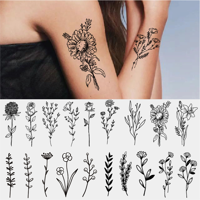 black small flower tattoo plant lavender flower line small fresh black and white lily flower sticker