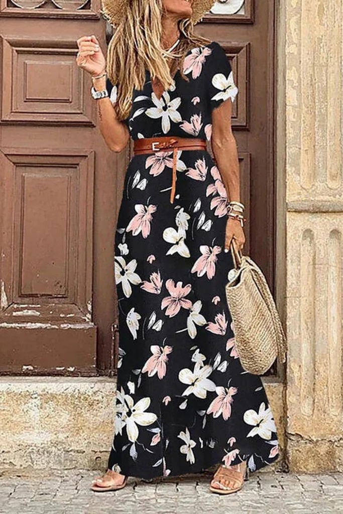 [12000048016542282] Floral Wrap Maxi Dress - White (Black, XL)