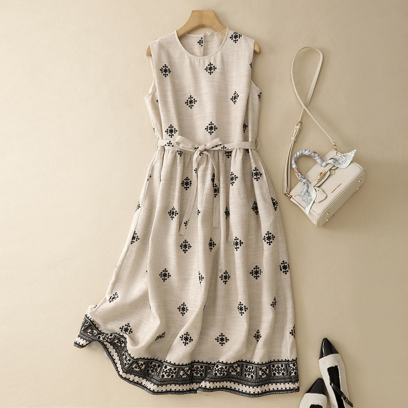 [12000060769997247] Linen Blend Round Neck Dress - Natural (M recommendation 45-55kg)