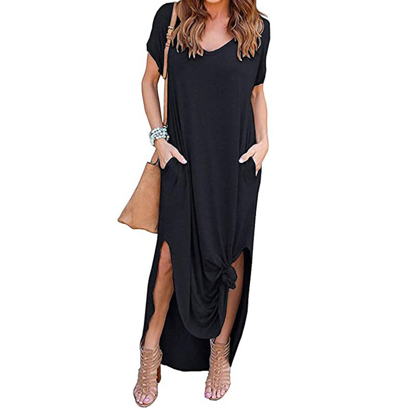 [12000058092201760] V-Neck Side Slit Maxi Dress (Black, XL)