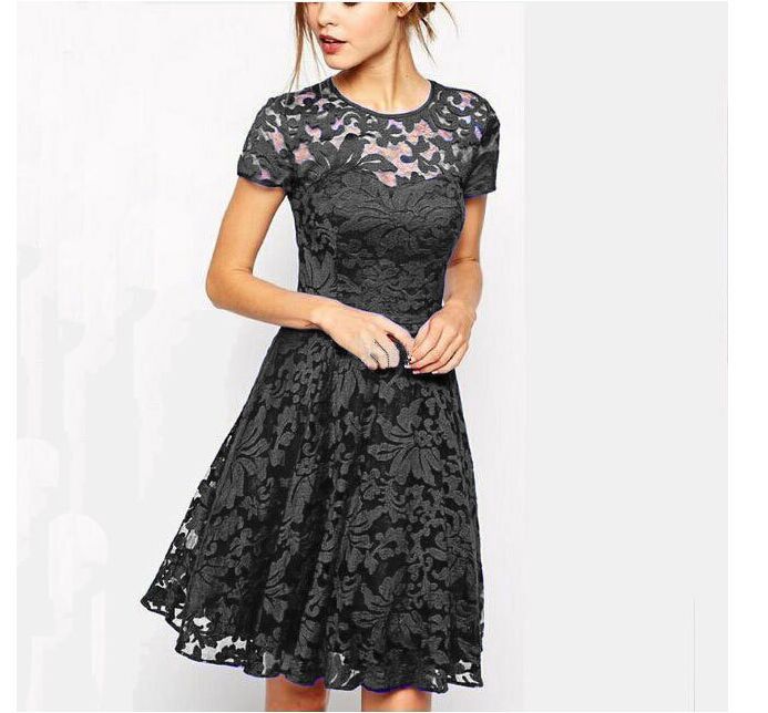 [12000060503125111] Lace Trim Round Neck Midi Dress - Blue (Black, XL)