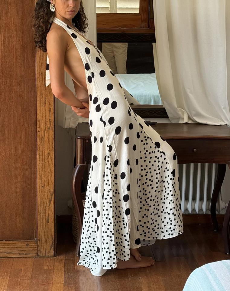 [12000049358044807] Dot Print Halter Maxi Dress (Black, XL)