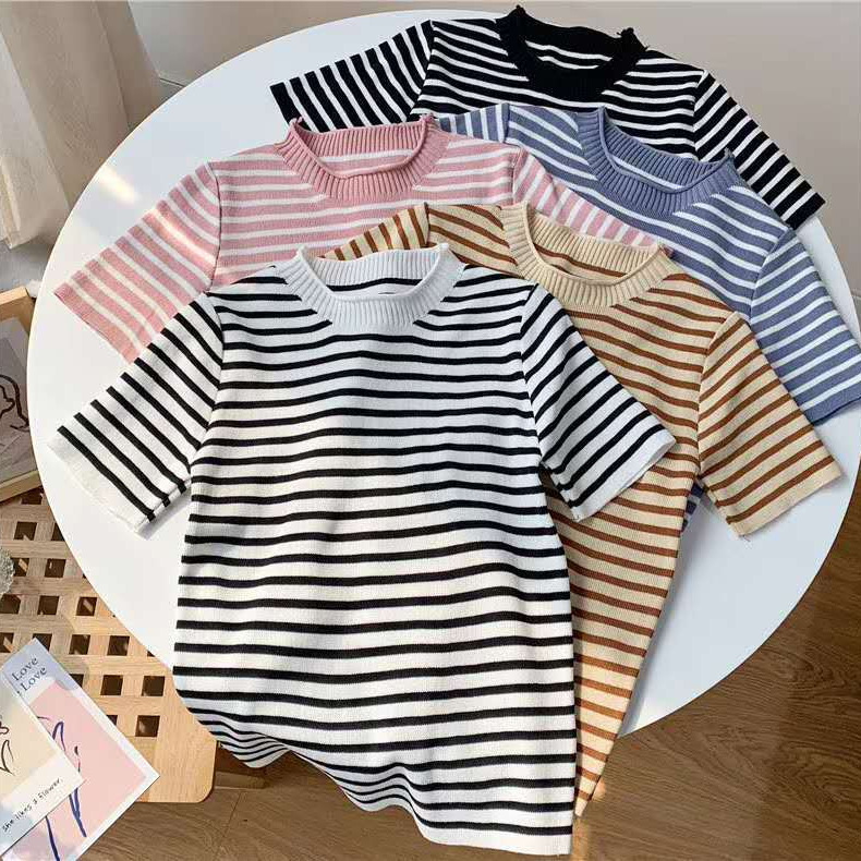 Spot Summer Korean fashion striped fresh casual round collar ice silk knitted T-shirt short sleeve