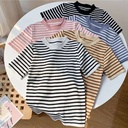 Spot Summer Korean fashion striped fresh casual round collar ice silk knitted T-shirt short sleeve