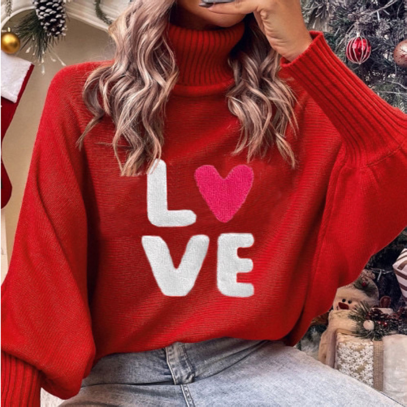 Valentine's Day Turtleneck Women's Clothing Autumn and Winter Loose Bat Sleeve Outer Wear Knitted Top Women