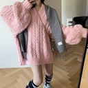 Solid Color V-neck Lantern Sleeve Lazy Thick Sweater Women's Spring Korean Loose Fashionable Top 23-58