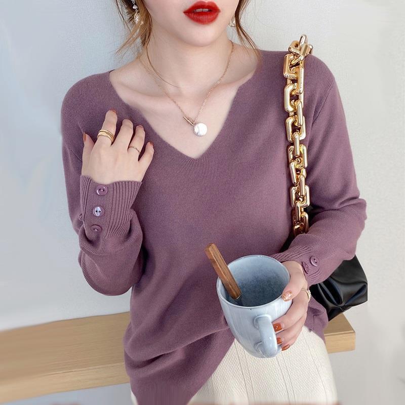 V-neck sweater autumn long sleeve thin top early autumn sweater Korean gentle style base shirt