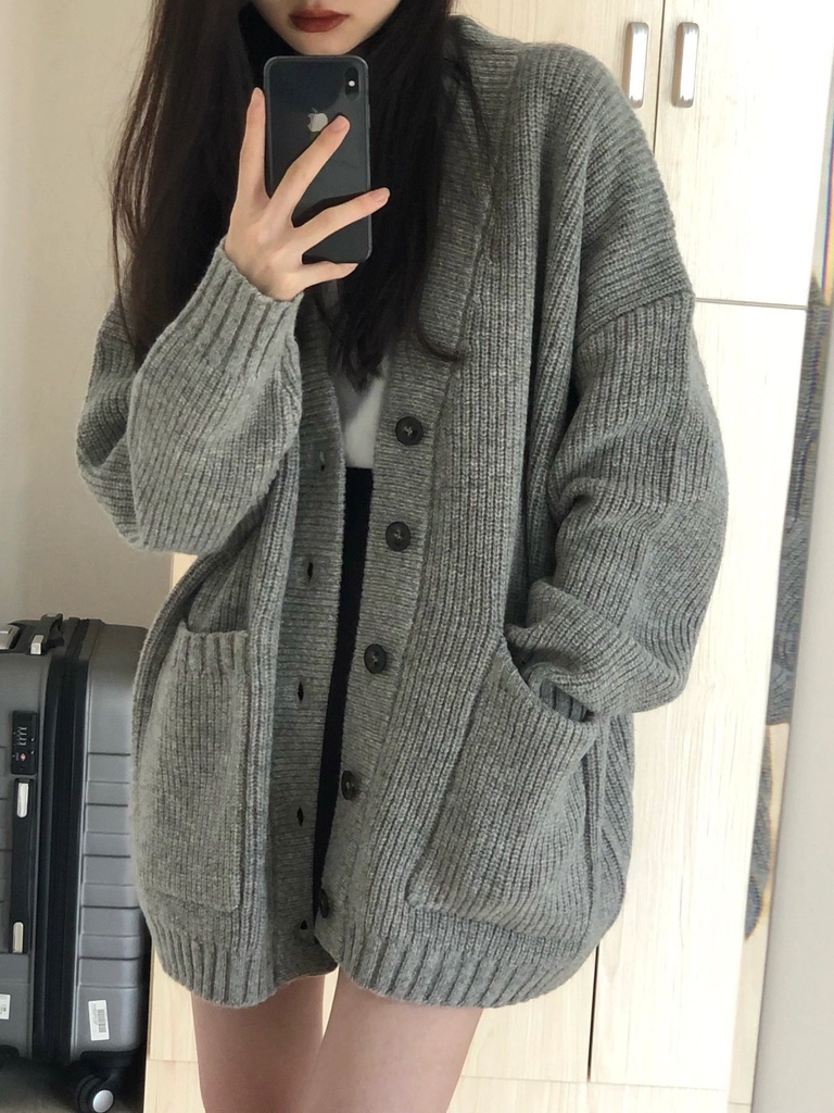 Spring and Autumn Sweater Women's Academic Style Cardigan Student's Korean Style Loose V-neck All-match Solid Color Knitted Jacket Cardigan