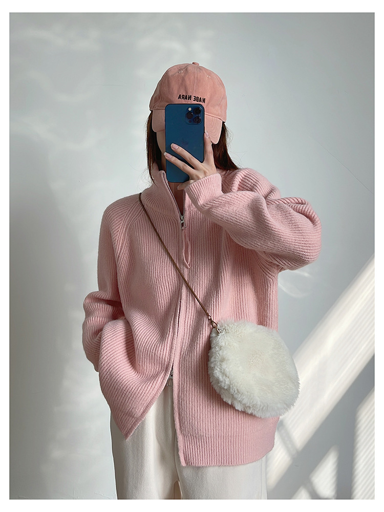 Autumn Women's High Neck Double Zipper High-grade Sweater Women's Loose Pit Knitted Sweater Design Sense Coat Trendy