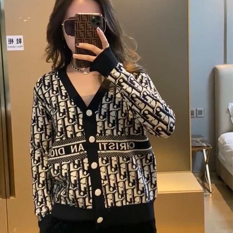 Knitted Sweater Women's Autumn and Winter Coat Trendy insD Jacquard Old Flower Printed Knitted Cardigan Loose V-Neck Coat