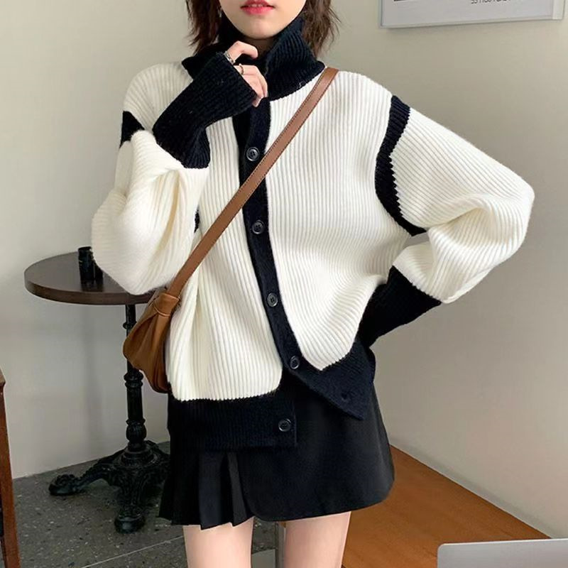 Vertical Collar Design Gentle Lazy Style Sweater Women's Autumn and Winter Loose Outer Wear Korean Style Knitted Cardigan Jacket Trendy