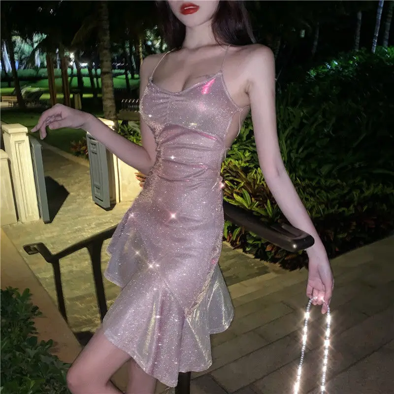 [12000021471195147] Irregular Halter Dress - Pink (XL)