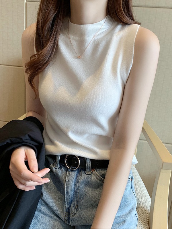 Vest Women's Spring and Summer Half High Neck Base Shirt Sweater Sleeveless Knitted Top Thickened Inner Small Sling Outer Wear