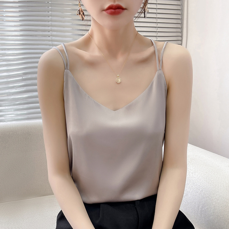 Acetic Acid Satin Shoulders Small Sling Back Women's Heart Summer Outer Wear Suit Inner Wear Fashionable Stylish Base Top