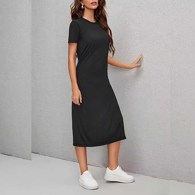 [12000057674113040] Round Neck Slit Hem Dress (XL)