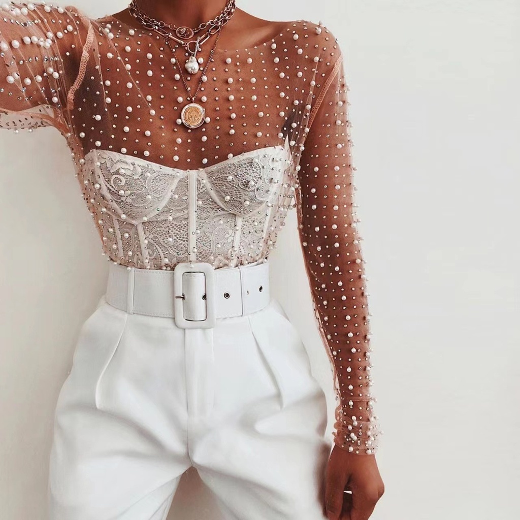 spring and summer hot rhinestone Pearl top elastic round neck mesh slimming heavy work transparent