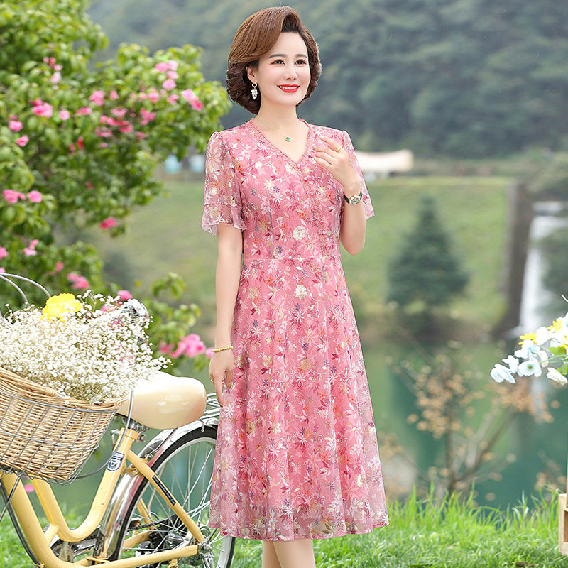 [12000032549418498] Printed Pleated V-Neck Dress (Pink, XL)