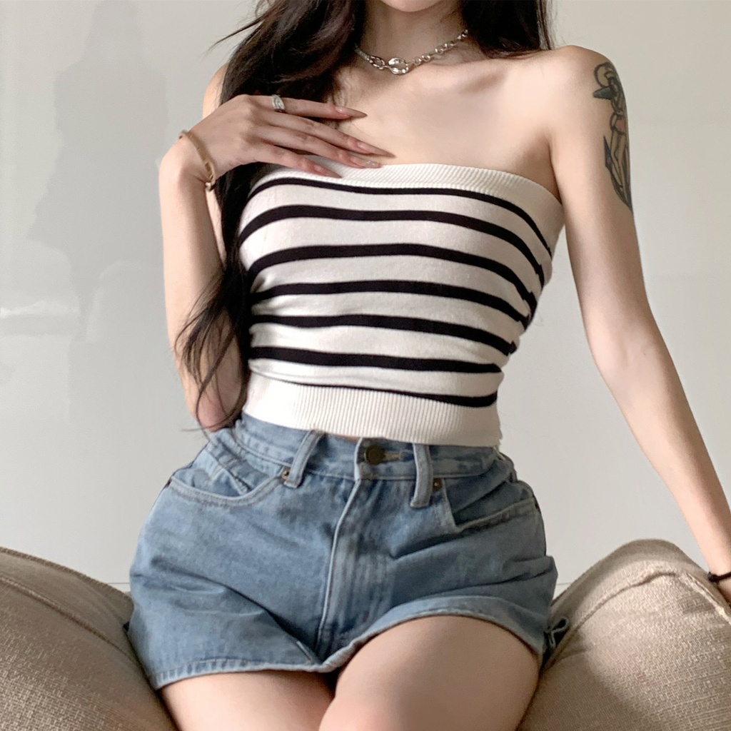 Striped Knitted Vest Women's Summer Outfit Spice Girls Pure Desire Sleeveless Tube Top