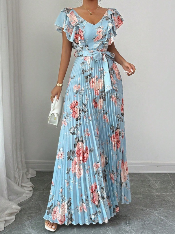 [12000057661045455] Pleated V-Neck Dress - Light Purple (Light Blue, XL)