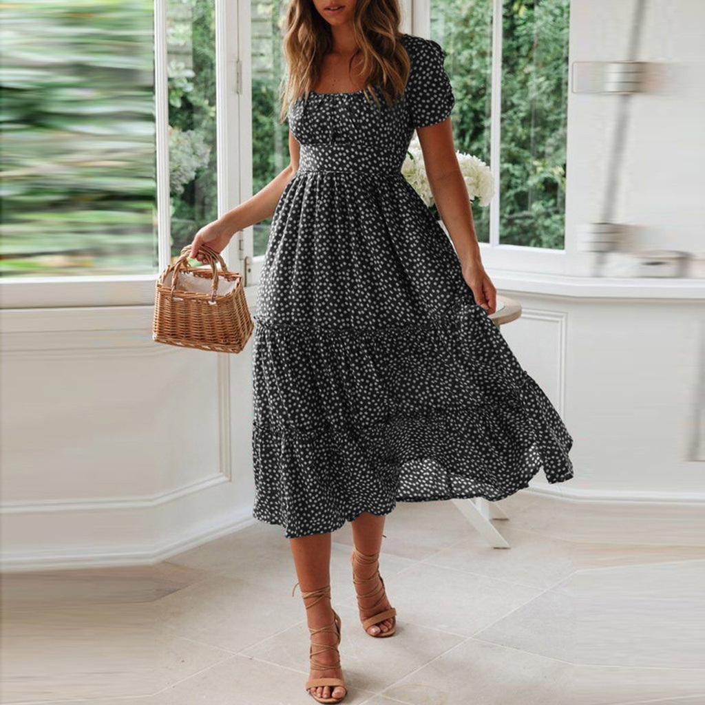 [12000039726157607] Floral Print Tie-Back Midi Dress (Black, XL, United States)
